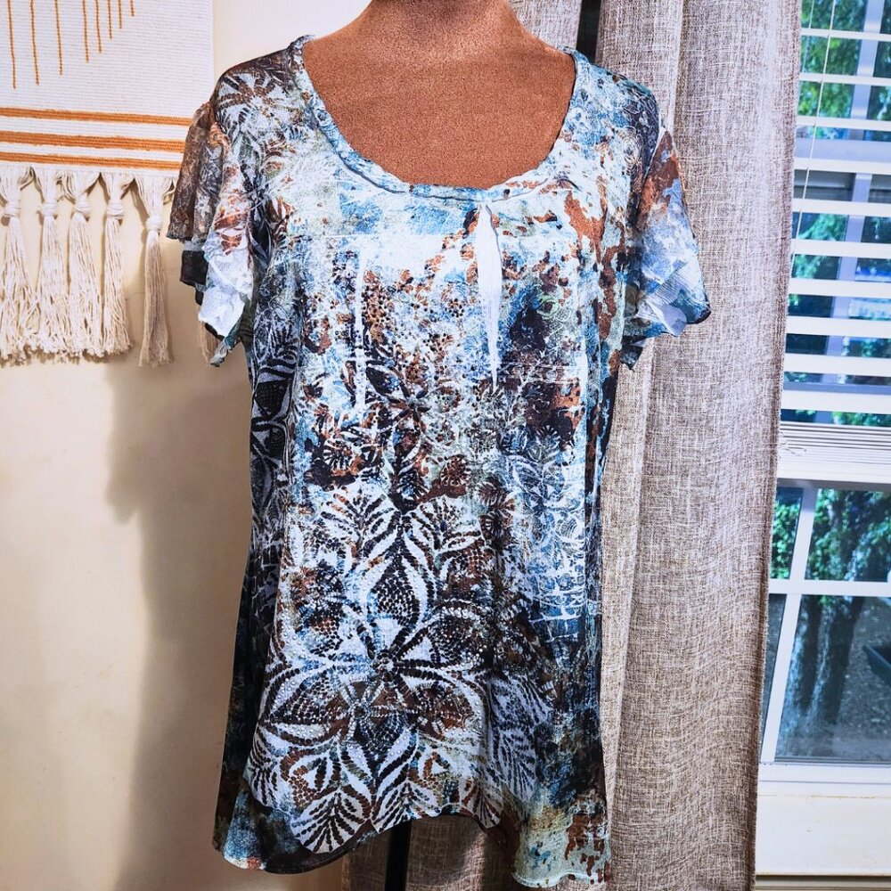 Dressbarn Blue Abstract Rhinestone Mixed-Media Tee | Boho and Y2K | Size M